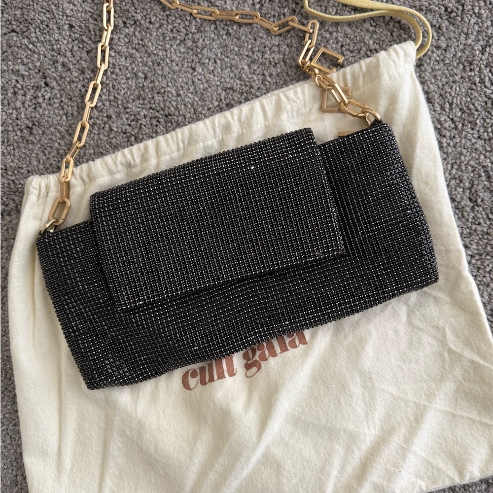 Cult Gaia Black Beaded Clutch with Gold Chain